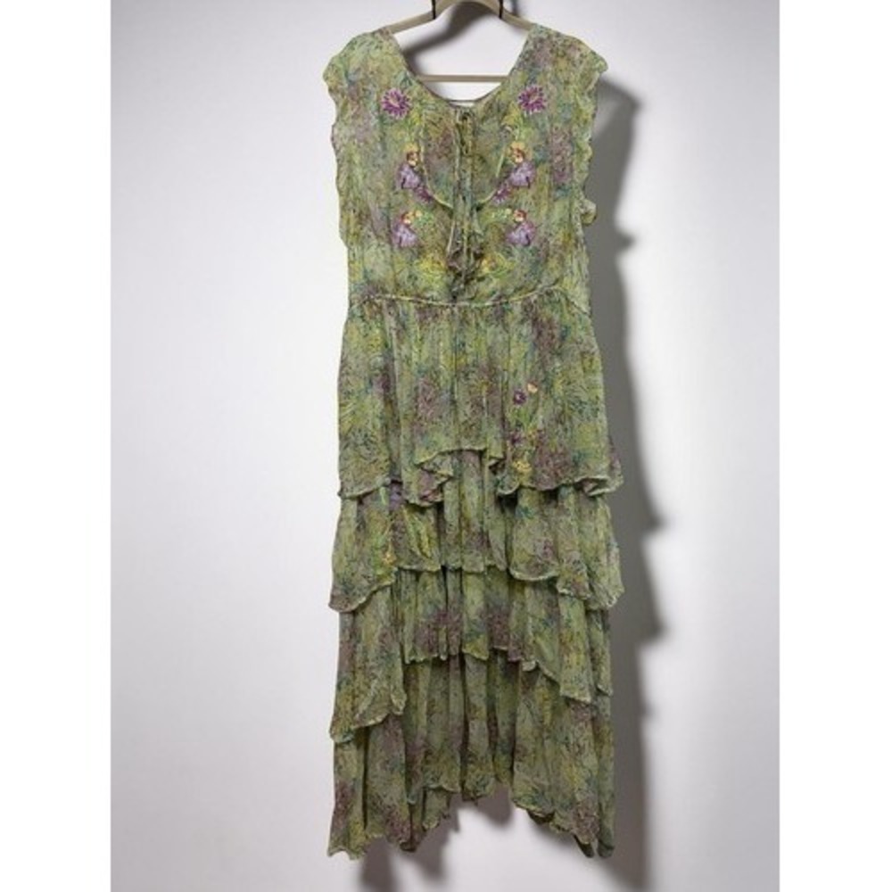 Sundance Green/Purple Tiered Floral Embr. Edith Derby Maxi Dress Women 2XL India